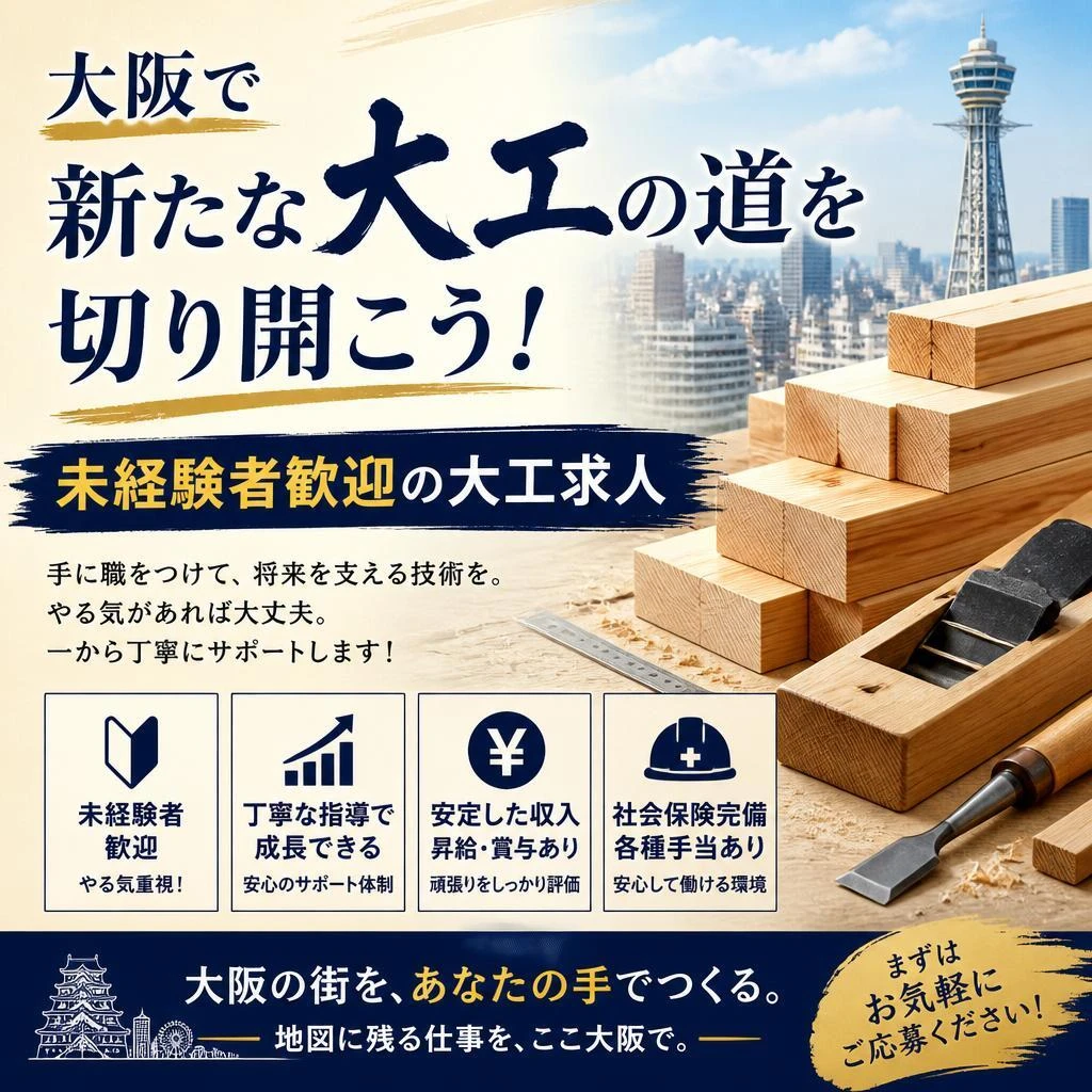 大阪で新たな大工の道を切り開こう！未経験者歓迎の大工求人