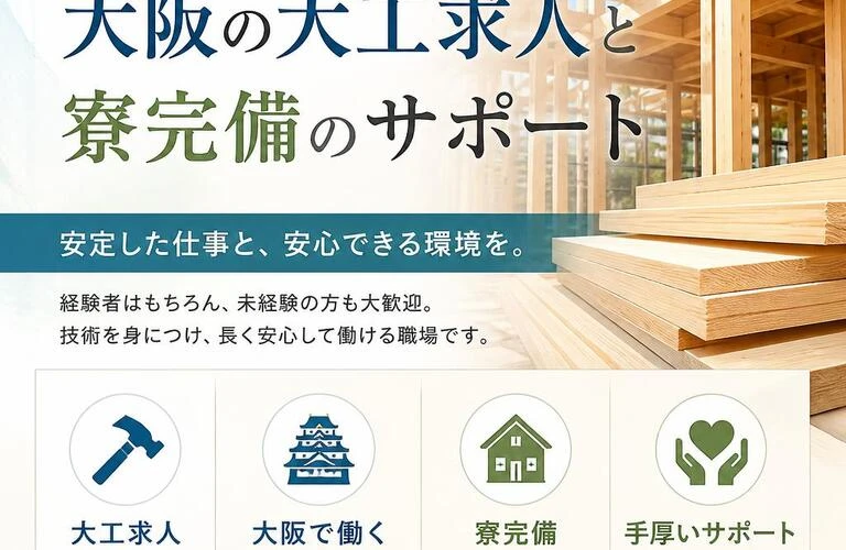 安心して働きたいあなたへ。大阪の大工求人と寮完備のサポート