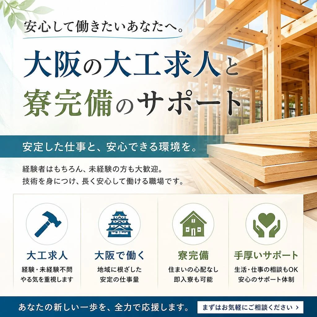 安心して働きたいあなたへ。大阪の大工求人と寮完備のサポート