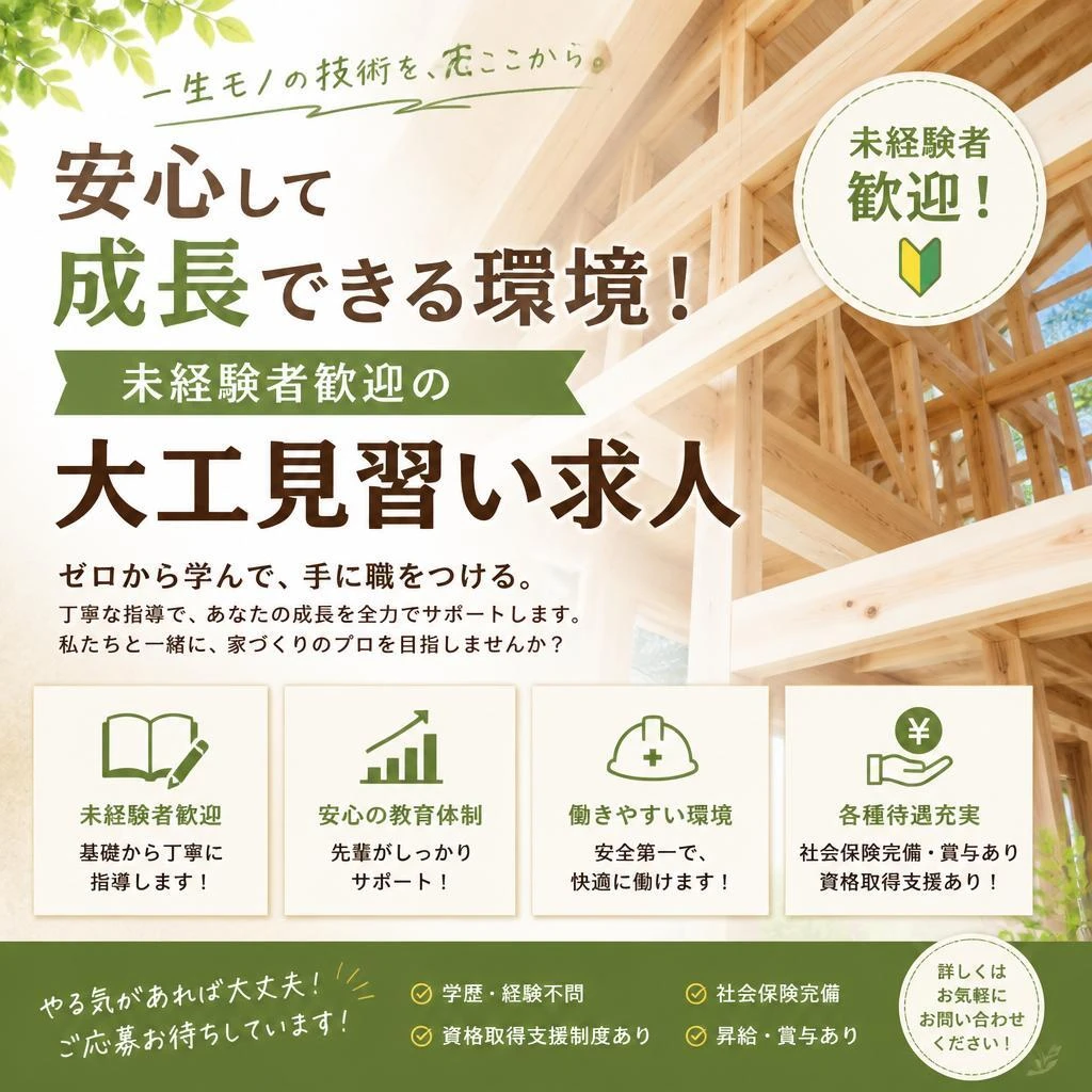 安心して成長できる環境！未経験者歓迎の大工見習い求人