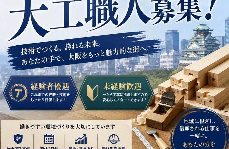 大阪の未来を築く大工職人募集！経験者優遇・未経験歓迎！