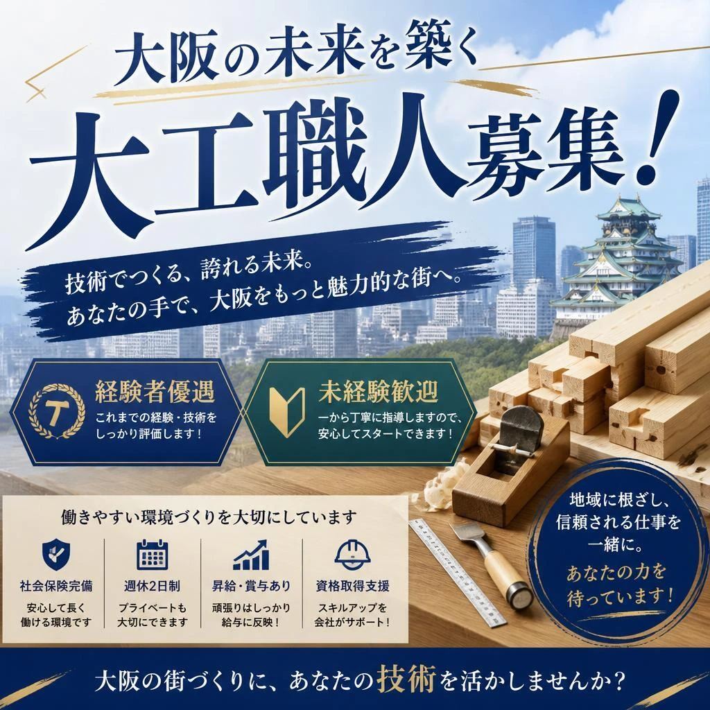 大阪の未来を築く大工職人募集！経験者優遇・未経験歓迎！