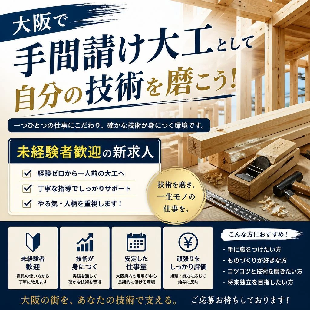 大阪で手間請け大工として自分の技術を磨こう！未経験者歓迎の新求人