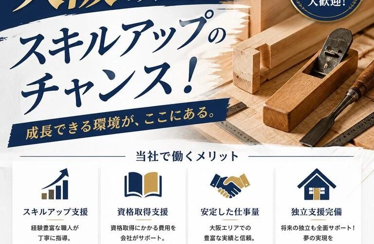 大阪の大工求人はスキルアップのチャンス！独立支援も完備。
