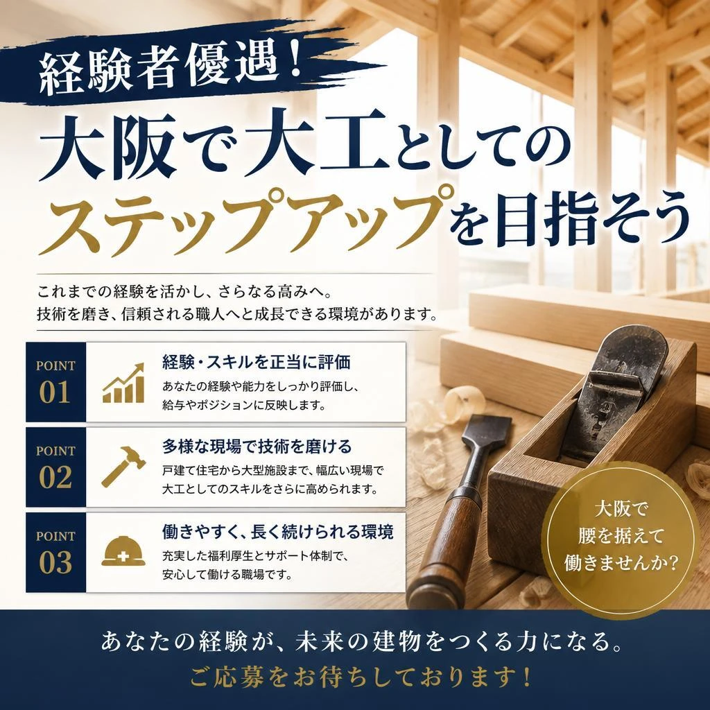 経験者優遇！大阪で大工としてのステップアップを目指そう