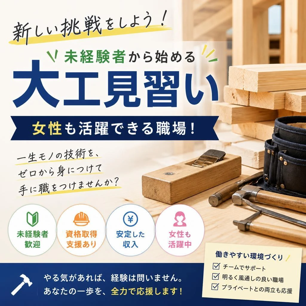 新しい挑戦をしよう！未経験者から始める大工見習い、女性も活躍できる職場！
