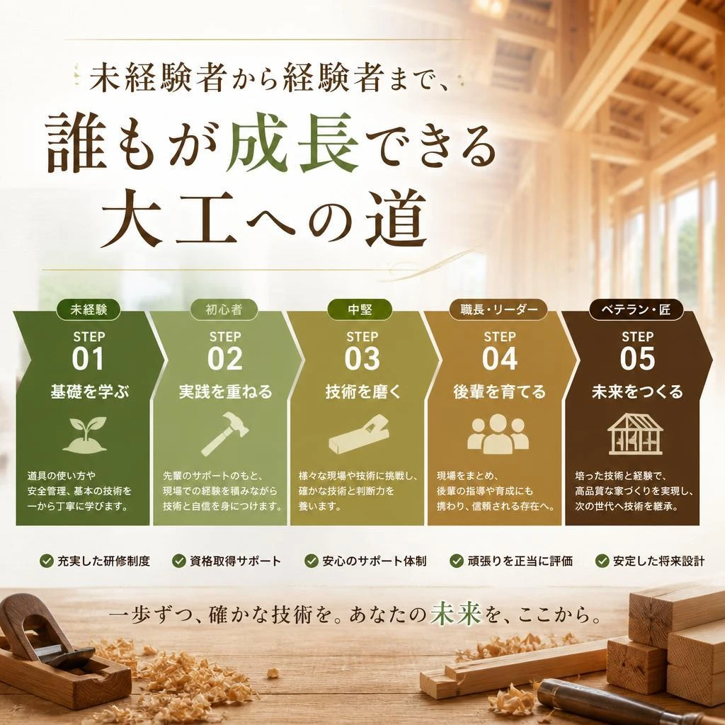 未経験者から経験者まで、誰もが成長できる大工への道