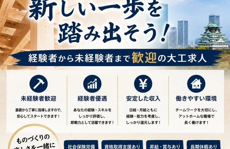 大阪で新しい一歩を踏み出そう！経験者から未経験者まで歓迎の大工求人