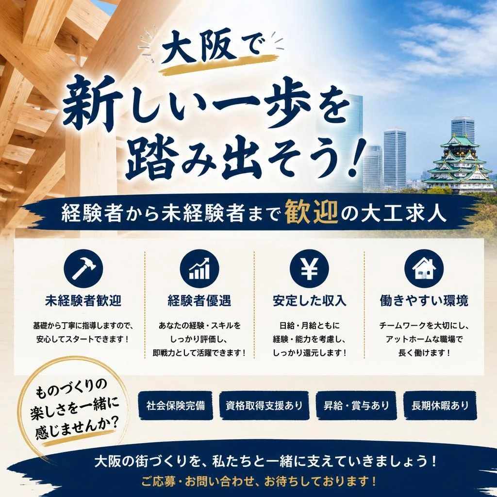 大阪で新しい一歩を踏み出そう！経験者から未経験者まで歓迎の大工求人