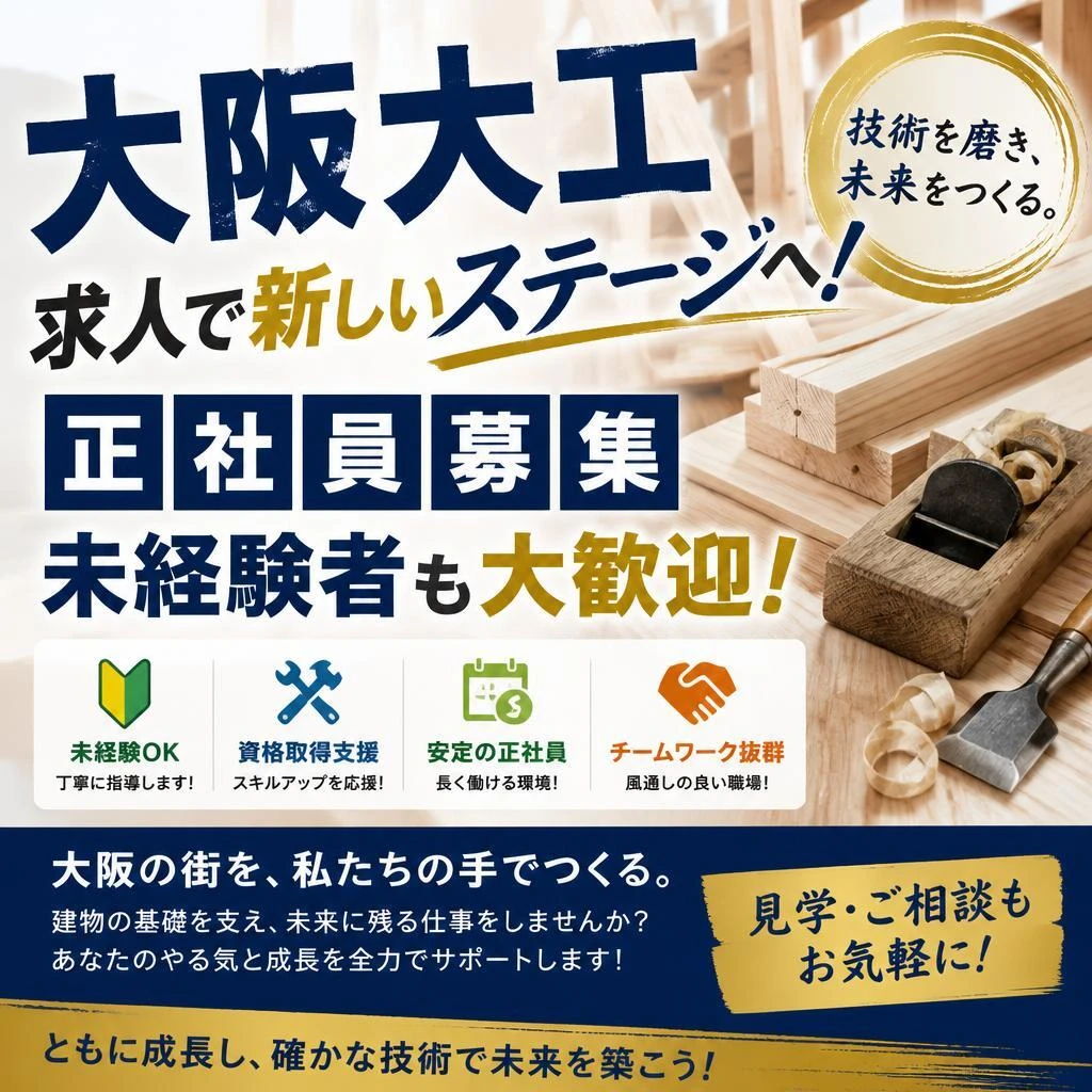 大阪大工求人で新しいステージへ！正社員募集、未経験者も大歓迎！