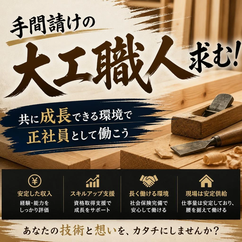 手間請けの大工職人求む！共に成長できる環境で正社員として働こう