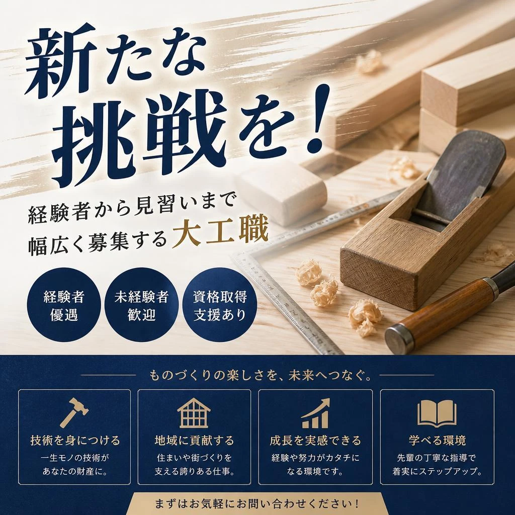 新たな挑戦を！経験者から見習いまで幅広く募集する大工職