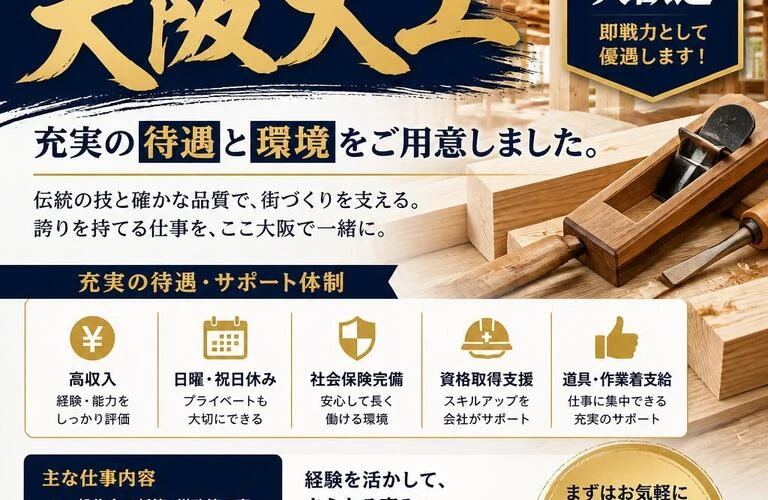 あなたの技術を活かせる大阪大工求人！経験者大歓迎、充実の待遇と環境をご用意しました。