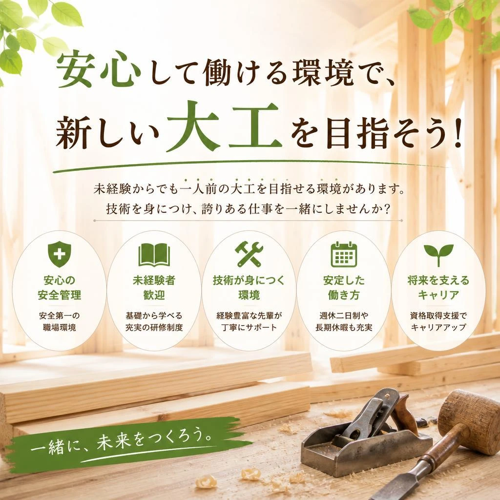 安心して働ける環境で、新しい大工を目指そう！