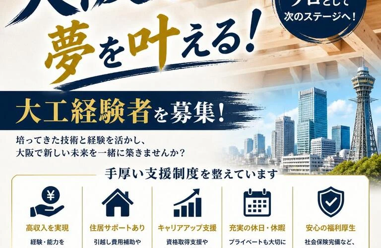 大阪で夢を叶える！大工経験者を募集し、手厚い支援制度を整えています