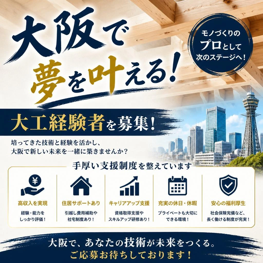 大阪で夢を叶える！大工経験者を募集し、手厚い支援制度を整えています