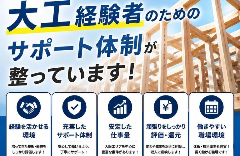 大阪の建設業界で再出発！大工経験者のためのサポート体制が整っています！