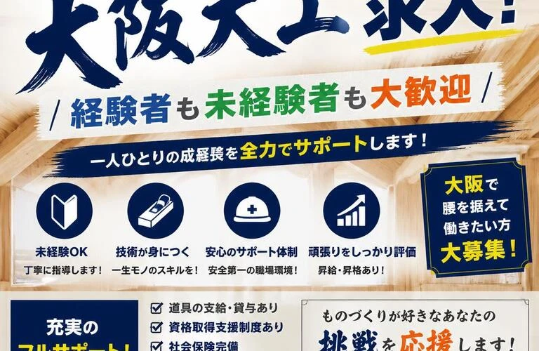 フルサポートの大阪大工求人！経験者も未経験者も大歓迎