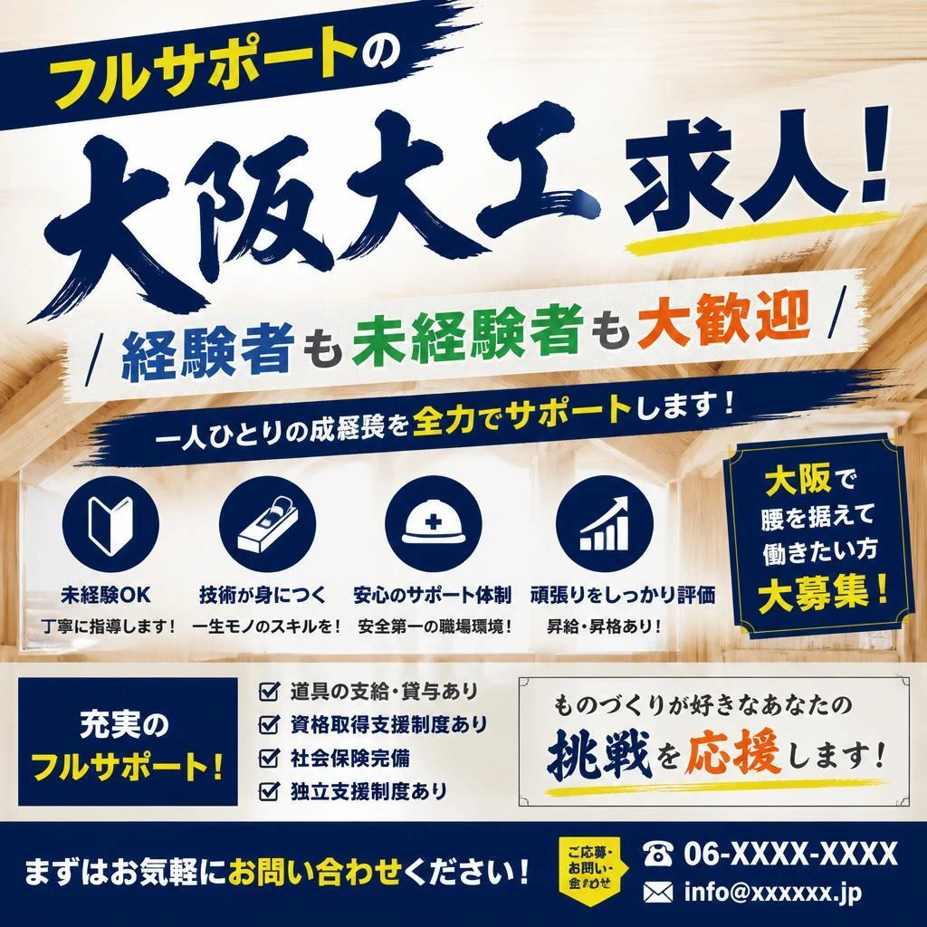 フルサポートの大阪大工求人！経験者も未経験者も大歓迎
