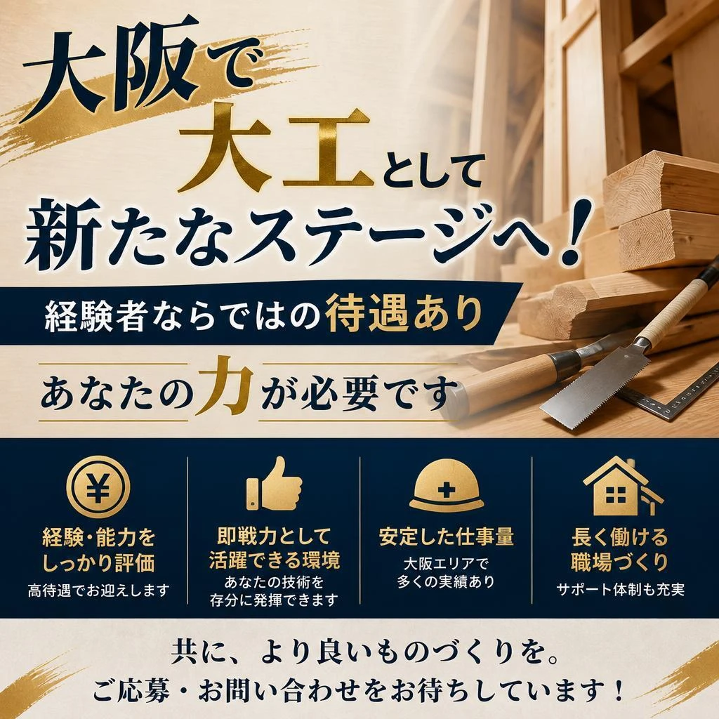 大阪で大工として新たなステージへ！経験者ならではの待遇あり、あなたの力が必要です