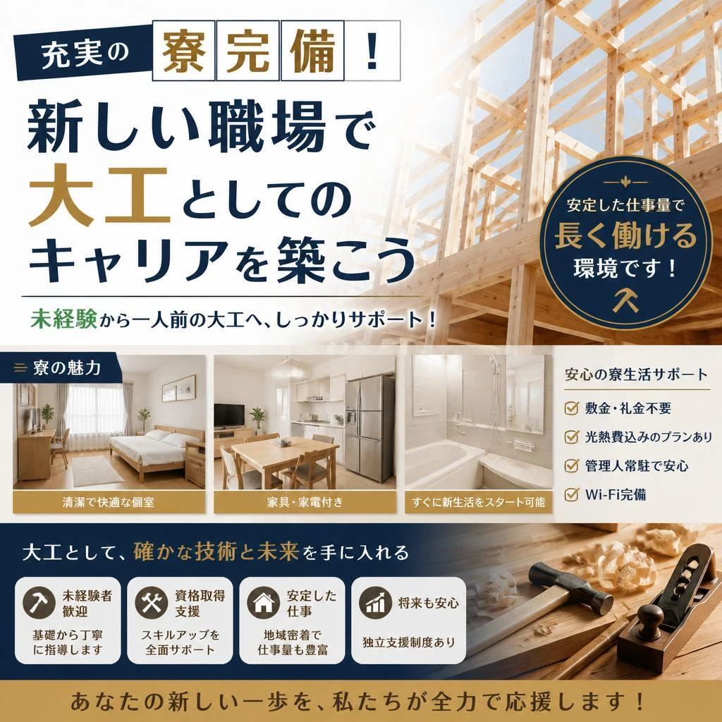 充実の寮完備！新しい職場で大工としてのキャリアを築こう
