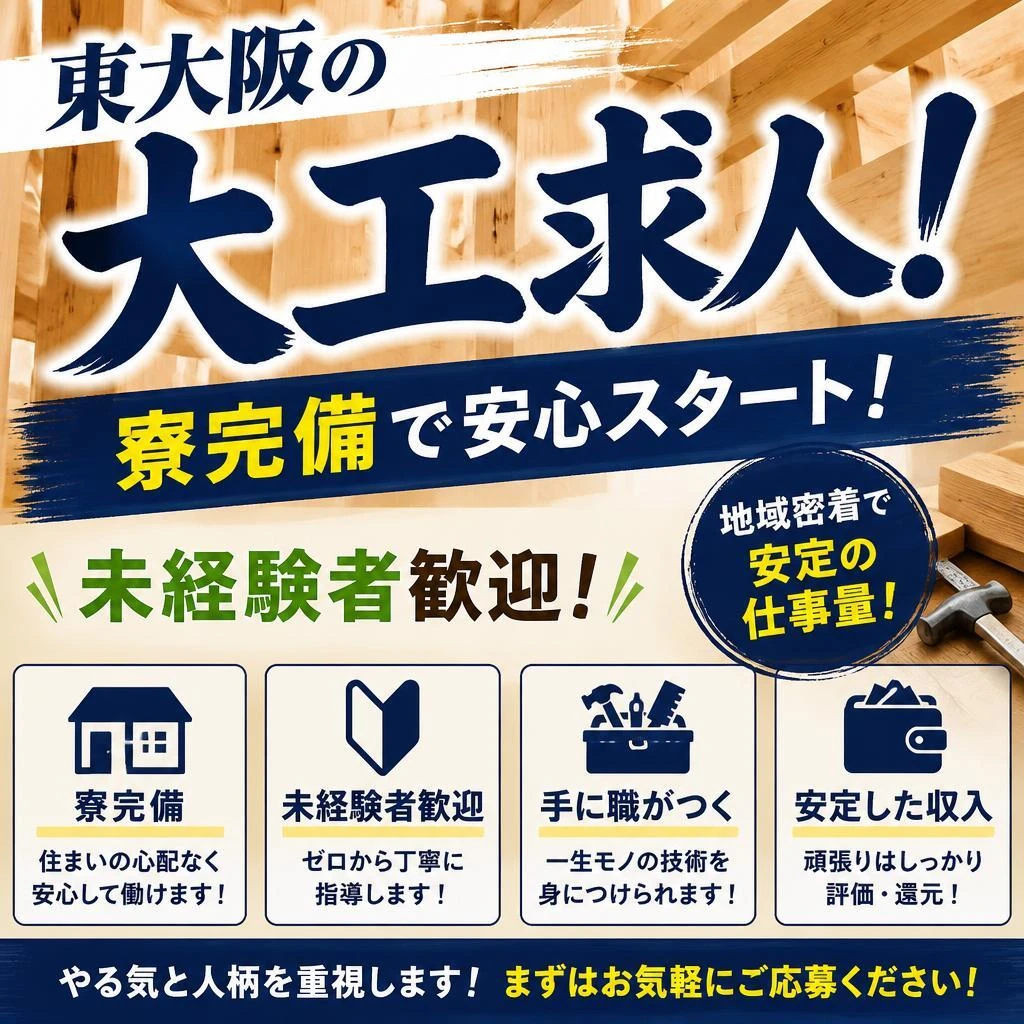 東大阪の大工求人！寮完備で安心スタート！未経験者歓迎！