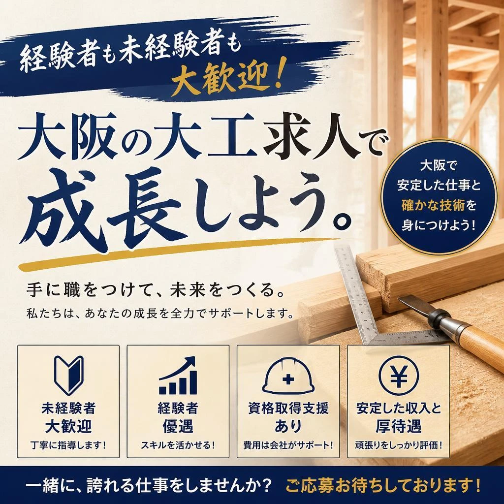 経験者も未経験者も大歓迎！大阪の大工求人で成長しよう。
