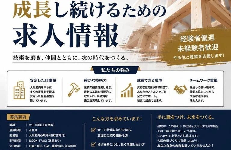 大阪の大工業界で成長し続けるための求人情報です！