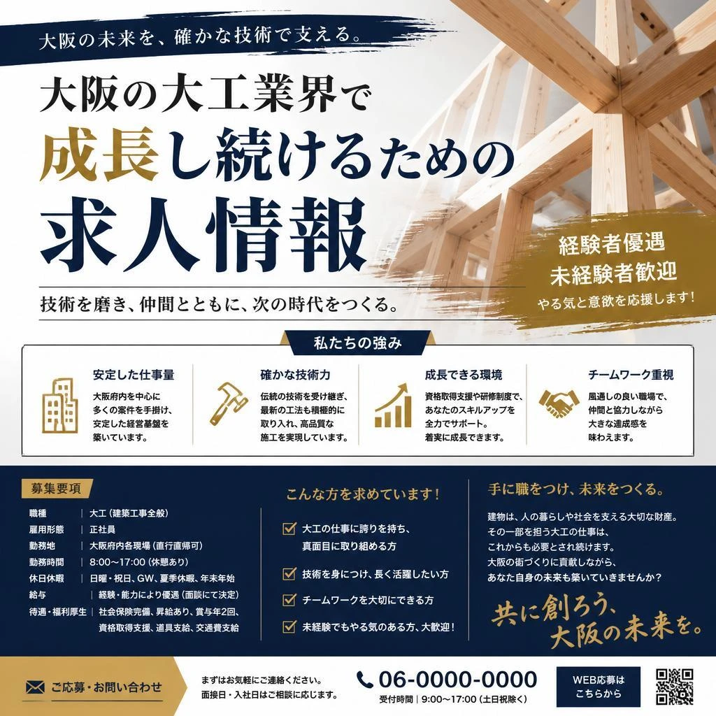 大阪の大工業界で成長し続けるための求人情報です！