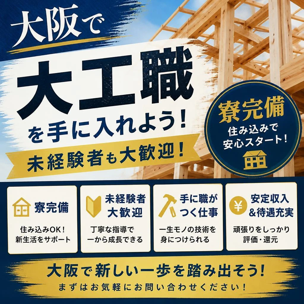 大阪で寮完備の大工職を手に入れよう！未経験者も大歓迎！